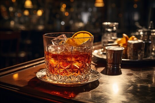 Sazerac cocktail. Whiskey or rum in bar glass with lemon.