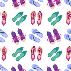 Shoes seamless pattern. Different types casual and sport footwear. Loafers and sandals top view. Fashionable sneakers and shoes. Foot clothing. Summer gumshoes. Garish vector background