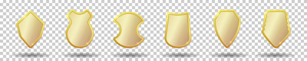 Set of realistic golden heraldic shields. Vector illustration on a transparent background.