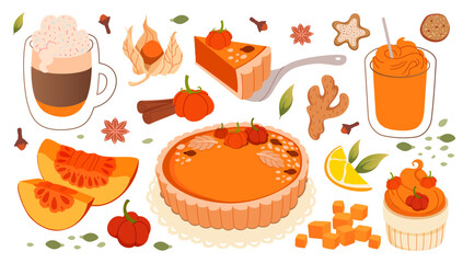 Pumpkin spice set. Seasonal flavored products, coffee, latte, cake, smoothie. Autumn food and drinks