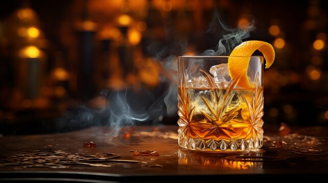 Sazerac cocktail. Whiskey or rum in bar glass with lemon.
