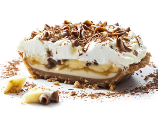 Banoffee pie with cream topping isolated on white background