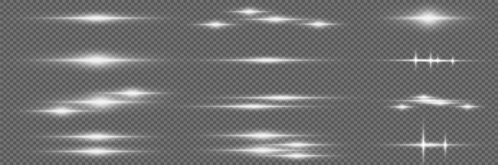 Set of white horizontal highlights. Laser beams, horizontal light beams. Beautiful light flashes. Glowing stripes on a light background.