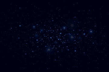 Realistic starry sky with blue glow of light. Bright stars with reflections in the dark sky. Vector illustration. EPS 10 - obrazy, fototapety, plakaty