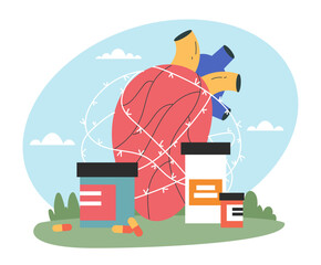 Heart attack ill diagnostic aid pills concept. Vector design graphic illustration
