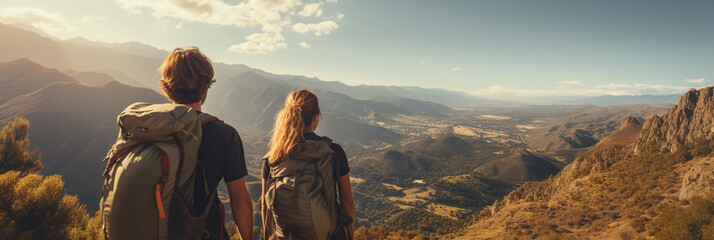 Wide banner photo with back packer hikers couple on a holiday adventure tour, on a mountain peak, looking at the misty mountain range  - obrazy, fototapety, plakaty