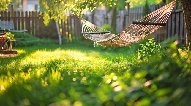 hammock on green grass lawn in cozy garden, blurred background