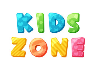 Kids Zone Text In A Playful, Childish Cartoon Font Type, Features Vibrant Colors, Whimsical Curves, And A Joyful Design