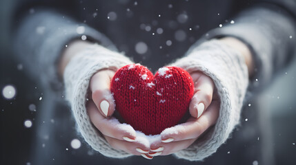 hands of a woman holding a heart on a winter day., love concept, valentine day background