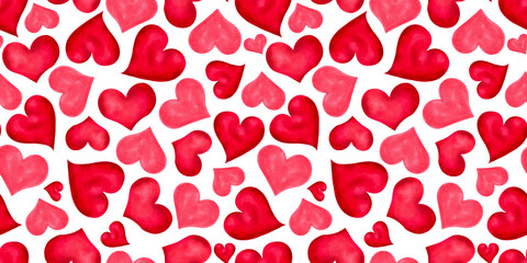Seamless pattern for Valentine's Day. Background of pink, red hearts. For design decoration for mother's day, friends, girlfriends, singles day, weddings. Hand drawn isolated watercolor illustration.