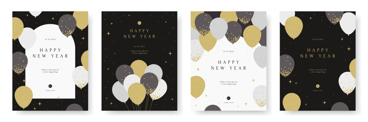 Happy new year. Birthday. Celebration party poster set. Golden balloon frame template. Grand Opening Card. Confetti, Star, Party decor, Luxury banner background, Advertising. Flat vector illustration. - 697703288
