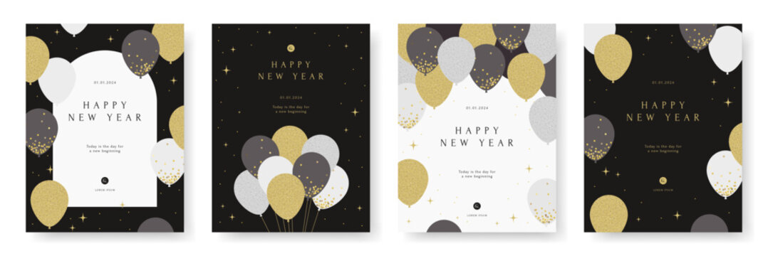 Happy new year. Birthday. Celebration party poster set. Golden balloon frame template. Grand Opening Card. Confetti, Star, Party decor, Luxury banner background, Advertising. Flat vector illustration.