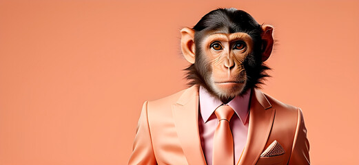 Stylish monkey wearing suit and tie with 2024 color. Banner format.
