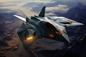 Military fighter jet in the fire. 3d illustration. Military jet on fire, AI Generated - obrazy, fototapety, plakaty