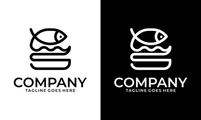 Creative Linear vector logo in modern style, fine stroke, eating fast food, fish burger. Combination of a burger and a fish. Good for burger restaurant, bistro, café or any business related with burge