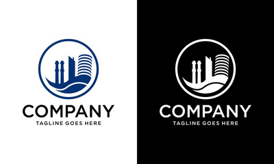 Creative logo Industrial building, factory or plant icon. Oil or petroleum refinery, power plant, production and manufacturing company monochrome vector icon. - obrazy, fototapety, plakaty
