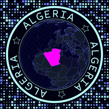 Algeria on globe vector. Futuristic satelite view of the world centered to Algeria. Geographical illustration with shape of country and squares background. Bright neon colors on dark background.