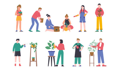 People care home plants. Watering and grow greenery, modern gardening hobby for adults and teens. Biologists, gardeners splendid vector characters