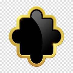 Black shield with glossy bright golden frame. Vector clipart illustration. Transparent background. VIP luxury logo design element.