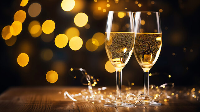Christmas celebretion, glass champagne with bokeh background	