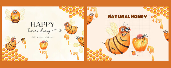 Set of 2 lids for the honey holiday. Drawn with watercolors and converted to vector