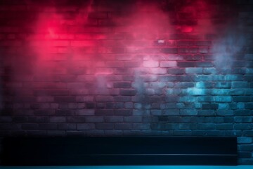 Retro Modern Sci Fi Dance Room Brick Walls Neon Laser Red Blue Glowing Beams Concrete Floor Empty Dance Garage Warehouse Underground 