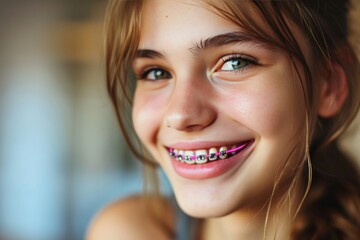 Teen-aged woman with braces smiling mouth close up The concept of modern dentistry. Generative AI. - obrazy, fototapety, plakaty