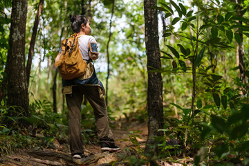 Obraz premium Active female backpacker walking on path in green forest with light sunlight through trees.