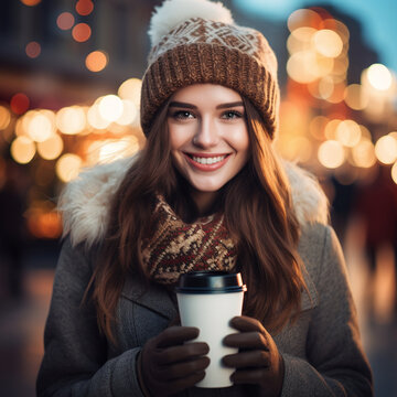 young woman wearing winter clothes, woolen hat and smiling holding a coffee in her hands on an illuminated street with Christmas decoration and out of focus background