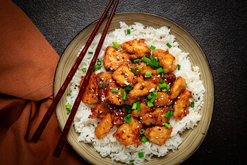 fried chicken teriyaki with rice, green onion and sesame, homemade, no people,