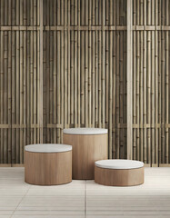 Bamboo product display podium for natural product. 
Podium mockup, green or brown bamboo background.