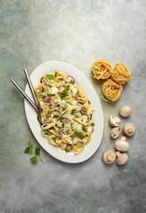 fettuccine with champignons, basil, in cream sauce, homemade, no people,