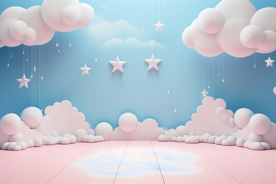 Empty round platform podium stand and natural wooden ecological sustainable zero waste educational toys on light blue and pink background. Montessori, eco-friendly toys for children.