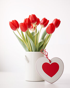 Vaso branco com tulipas vermelhas e um coração vermelho isolado no fundo branco - Papel de parede romântico 
