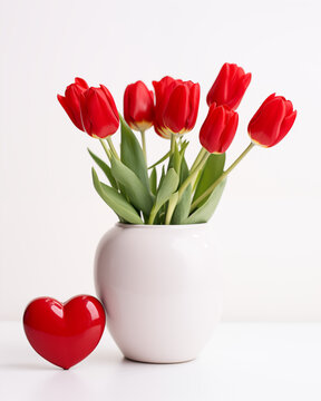 Vaso branco com tulipas vermelhas e um coração vermelho isolado no fundo branco - Papel de parede romântico 