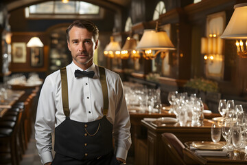 Elegant waiter, sommelier or head waiter in a luxury restaurant. Owner of a hotel or restaurant business.