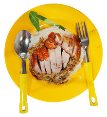 traditional Singapore rice top with roasted duck served on local yellow singaporean style dish - isolated