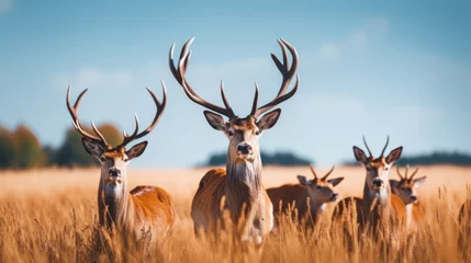 Foto op Canvas deer standing on top of a grass covered field © EmmaStock