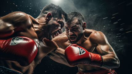 a boxer uppercutting his opponent on the stage - obrazy, fototapety, plakaty