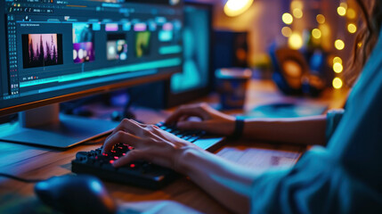 Close up hands female editor holding mouse pen working editing video and enjoy with job create content