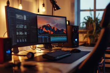 Freelance desktop with laptop computer and monitor review for editor work with content video - obrazy, fototapety, plakaty