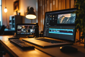 Freelance desktop with laptop computer and monitor review for editor work with content video - Powered by Adobe
