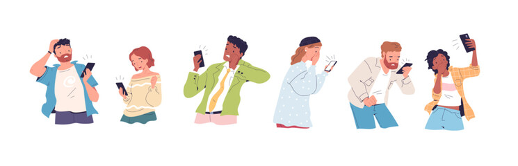 Shocked people look phone. Amazed man and frightened woman looking on smartphone scare message or bad news, frustrated scared characters with cellphone classy vector illustration - obrazy, fototapety, plakaty