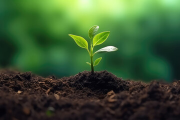 Fototapeta premium Young Plant Growing In Garden With Sunlight. Ature ecology and growth concept with copy space. Generative AI.