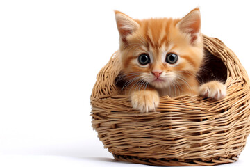 Fototapeta na wymiar Cute red kitten in the wicker basket isolated on a white background