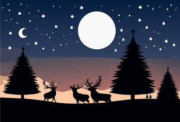 Christmas tree with night starry sky background with moose silhouette