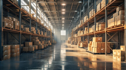 Distribution warehouse with cardboard boxes on shelves and floor.