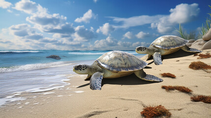 Green sea turtle, Chelonia mydas, Ras Al Hadd, Sultanate of Oman. Arabian Peninsula Generative AI