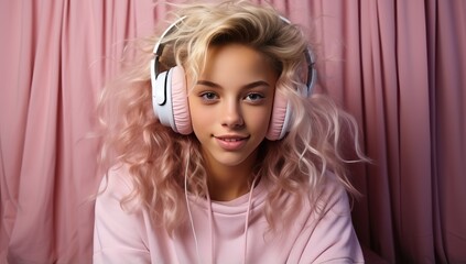 Naklejka premium Woman with Pink Hair Enjoying Music
