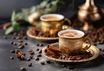 coffee cups with coffee beans, cinnamon and anise on a dark background